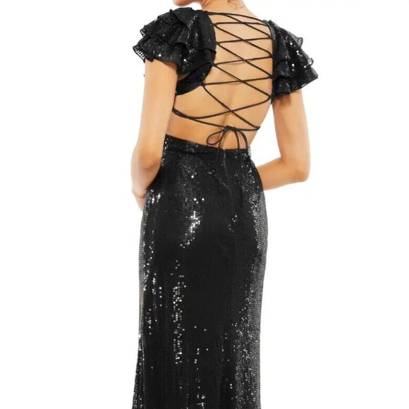 Mac Duggal Black Ruffle Shoulder Sequin Embellished Gown